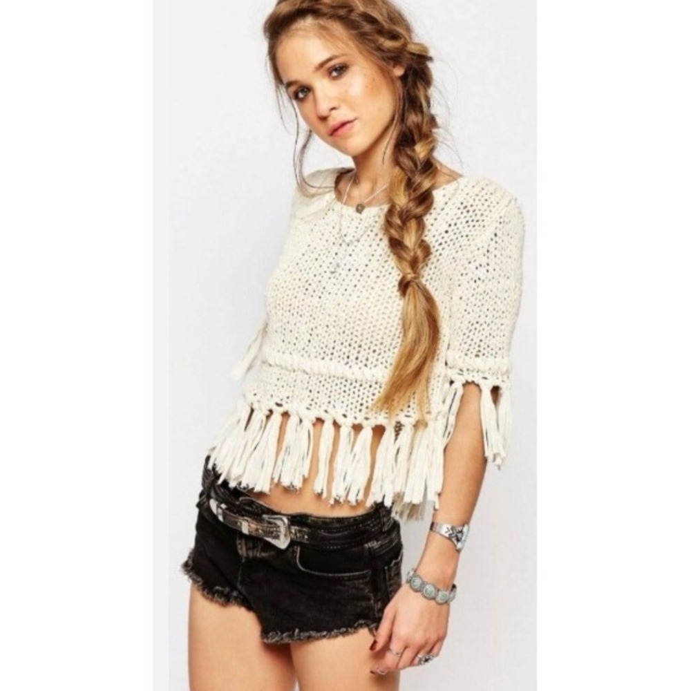 Free People Cream Crochet Knit Fringe Crop Top Bohemian Festival